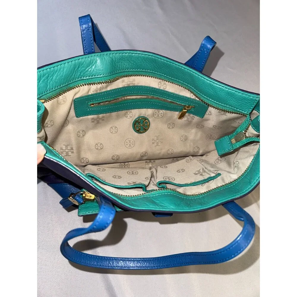 Tory Burch Blue, Purple, Green Color Blocked leather purse.